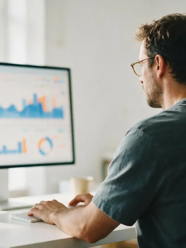 Pessoa sentada de frente para um monitor com um painel de números aberto