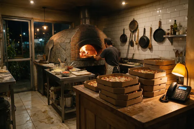 Cozinha de pizzaria no fim da noite com caixas prontas para sair
